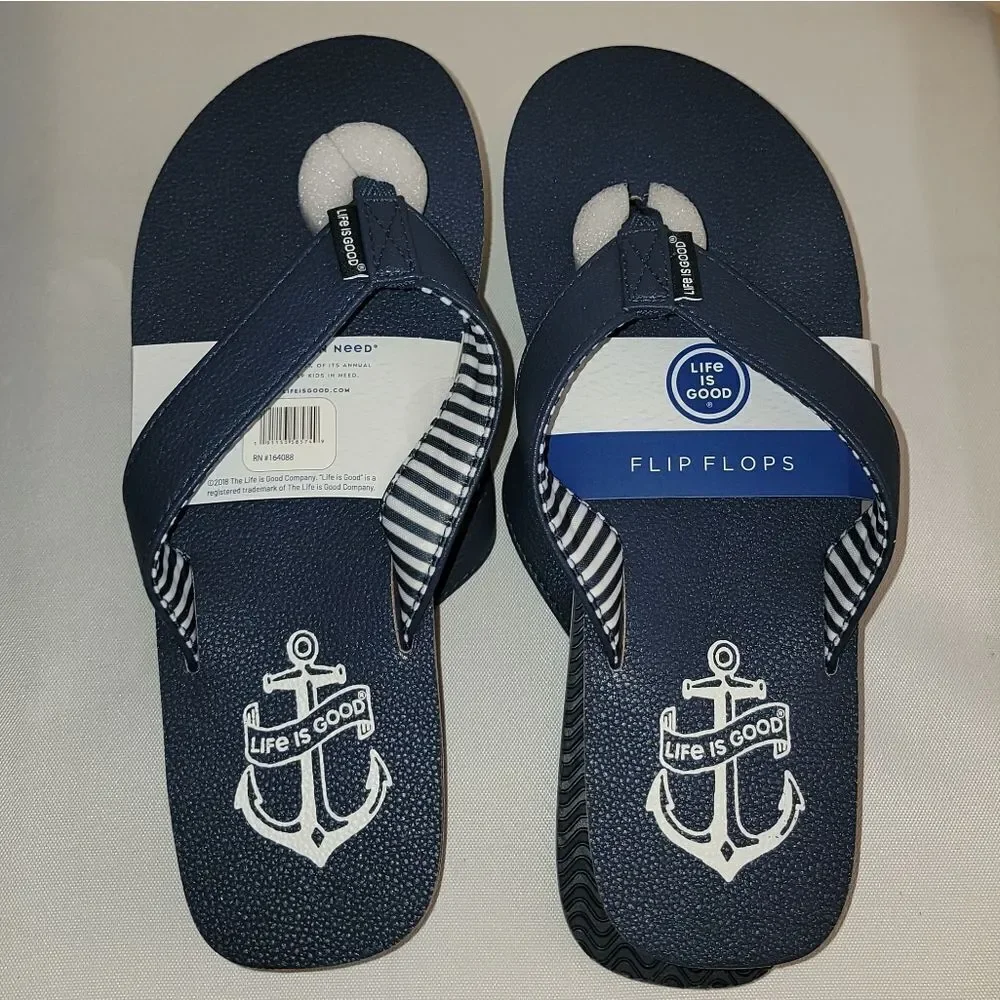 Life Is Good Blue w Nautical Anchor Sandals • Texture Sole • NEW • Sizes 7 8 9